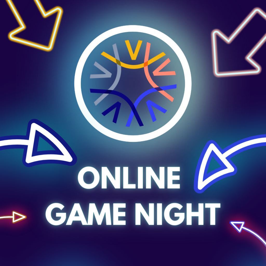 The image has a dark blue background. In the centre is a white fluorescent circle with the VfSB logo in it. Below it is written in large greenish-white letters "Online Game Night". Colourful fluorescent arrows point to the circle and the lettering.